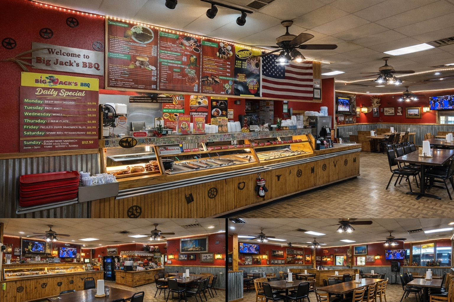 Big Jack's BBQ restaurant interior with counter and dining areas